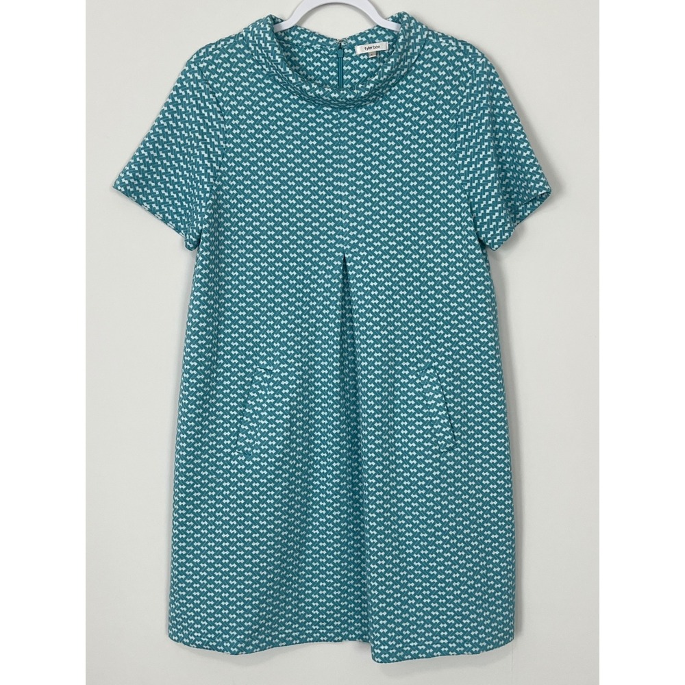 Tyler Boe Teal White Geometric Basketweave Shift Dress Funnel Neck Pockets L